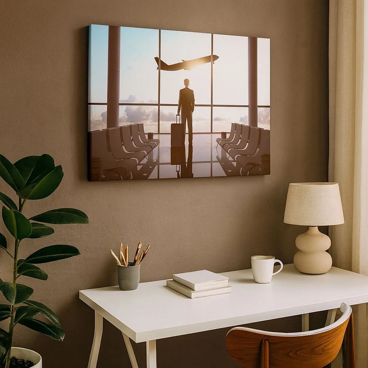 Quadro em tela - Empresário no aeroporto com um avião ao fundo - 70x50cm - Tem tempo, desacelere - Decoração de parede moderna para a sala de estar e quarto ARTTOR