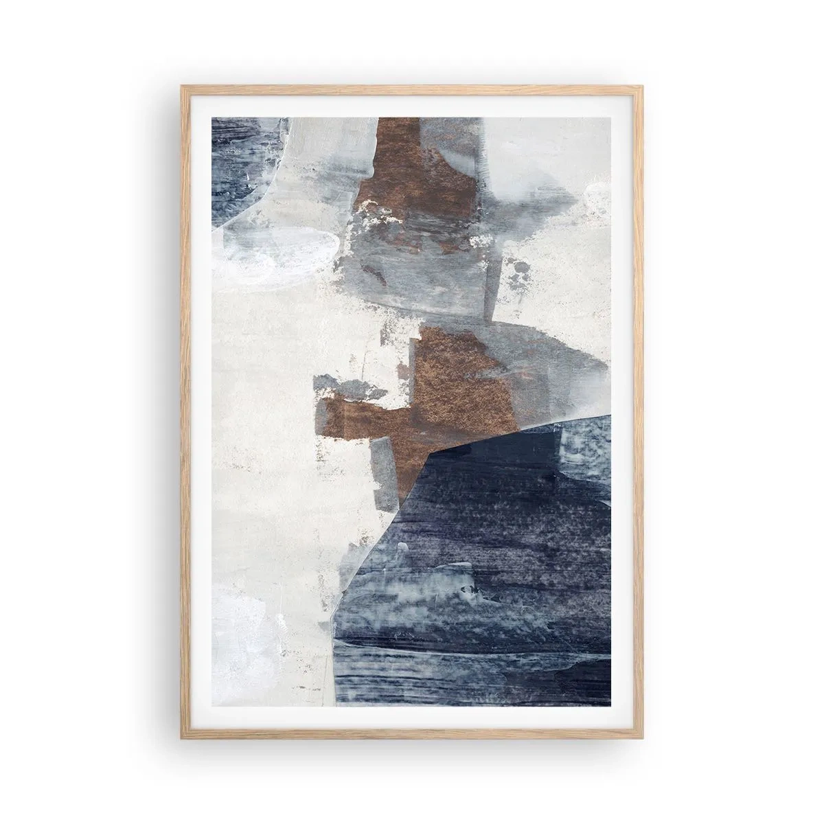 Pôster com moldura de carvalho claro - Formas azuis e marrons - 70x100 cm