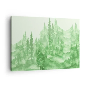 Quadro em tela - Floresta verde em estilo aquarela sobre fundo claro - 70x50cm - Desfocado pela névoa verde  - Decoração de parede moderna para a sala de estar e quarto ARTTOR