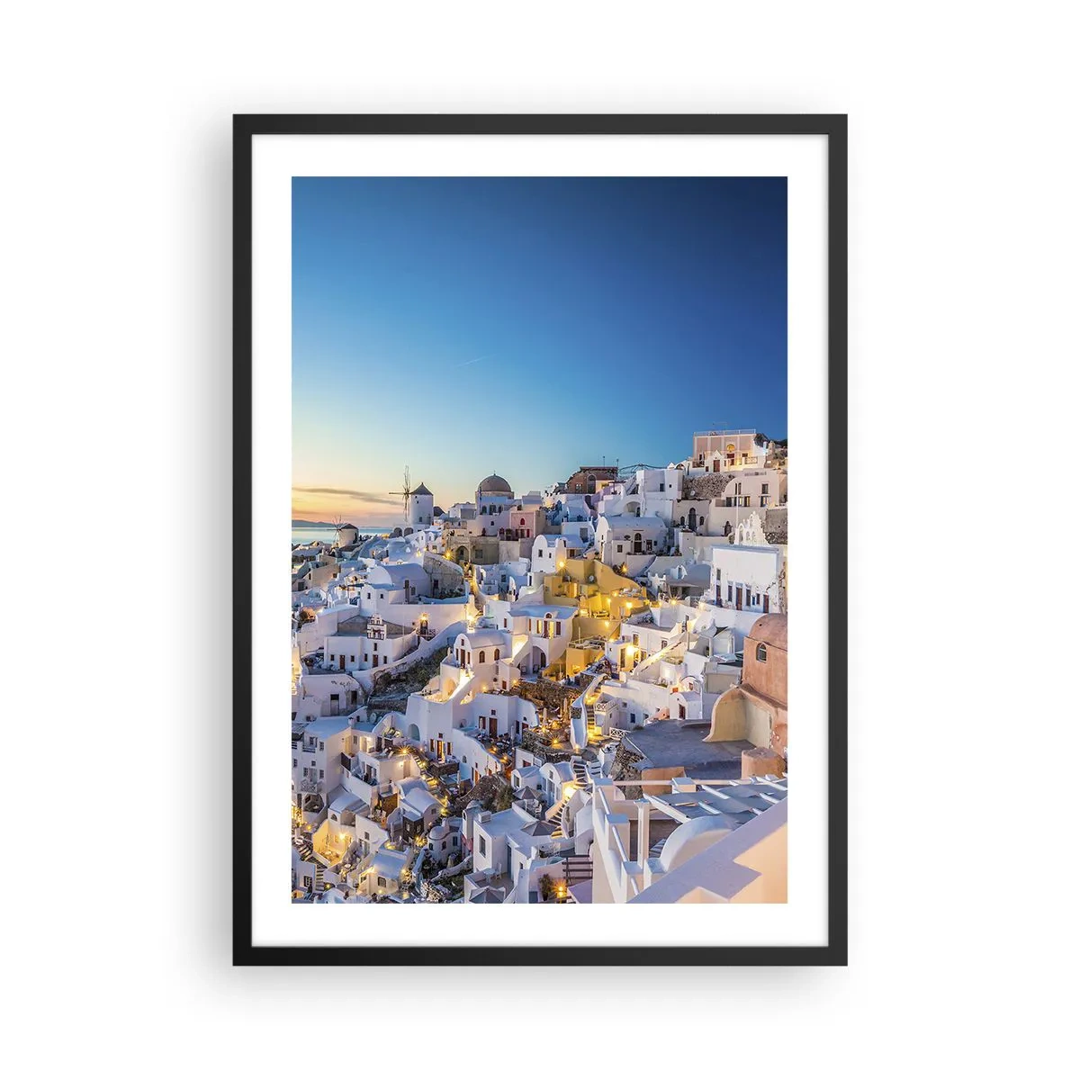 Pôster com moldura preta - Vista das casas iluminadas em Santorini ao pôr do sol - 50x70cm - A essência grega - Decoração de parede moderna para a sala de estar e quarto ARTTOR