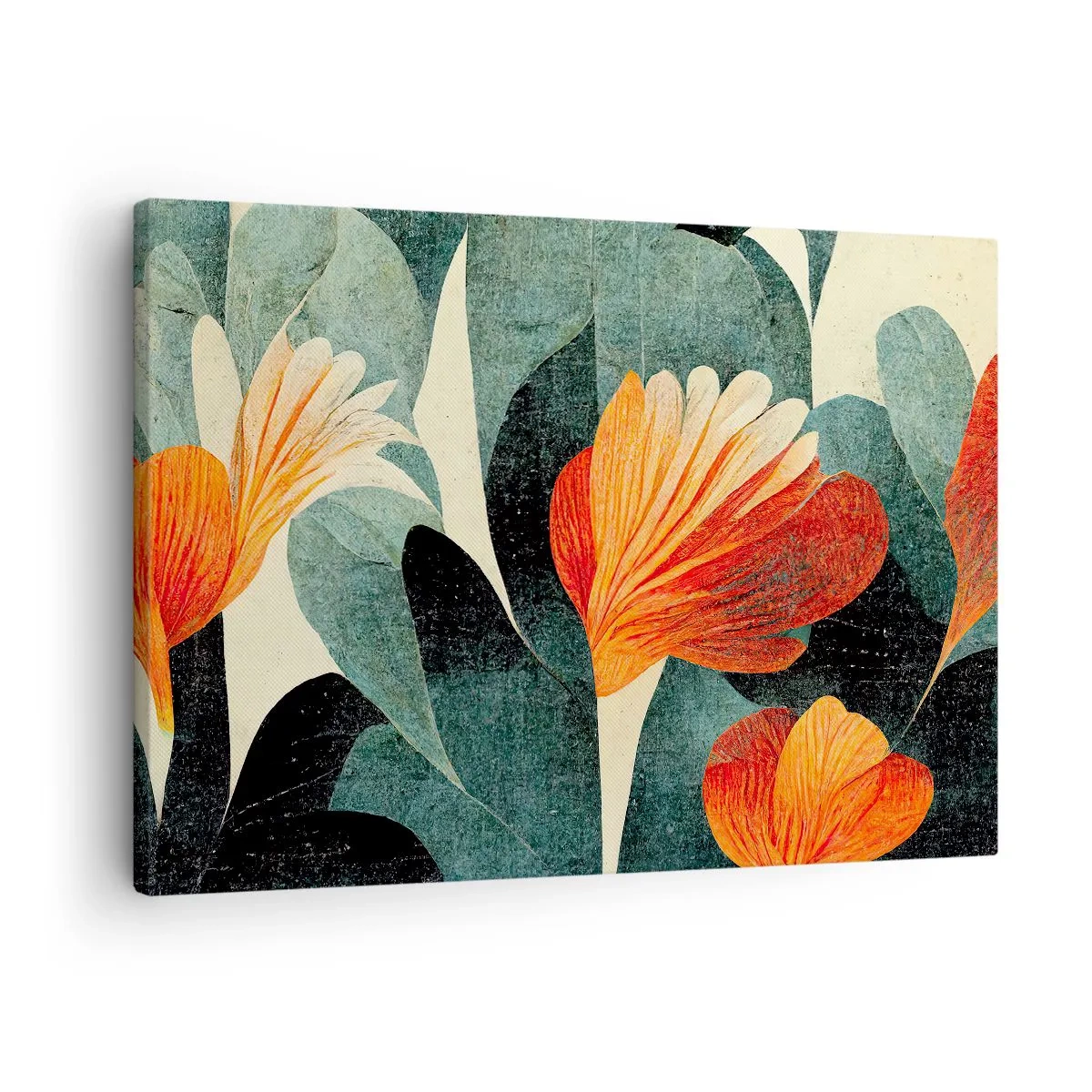 Quadro em tela - Flores em tons intensos de laranja e verde - 70x50cm - O calor dos trópicos e o frescor da vegetação - Decoração de parede moderna para a sala de estar e quarto ARTTOR