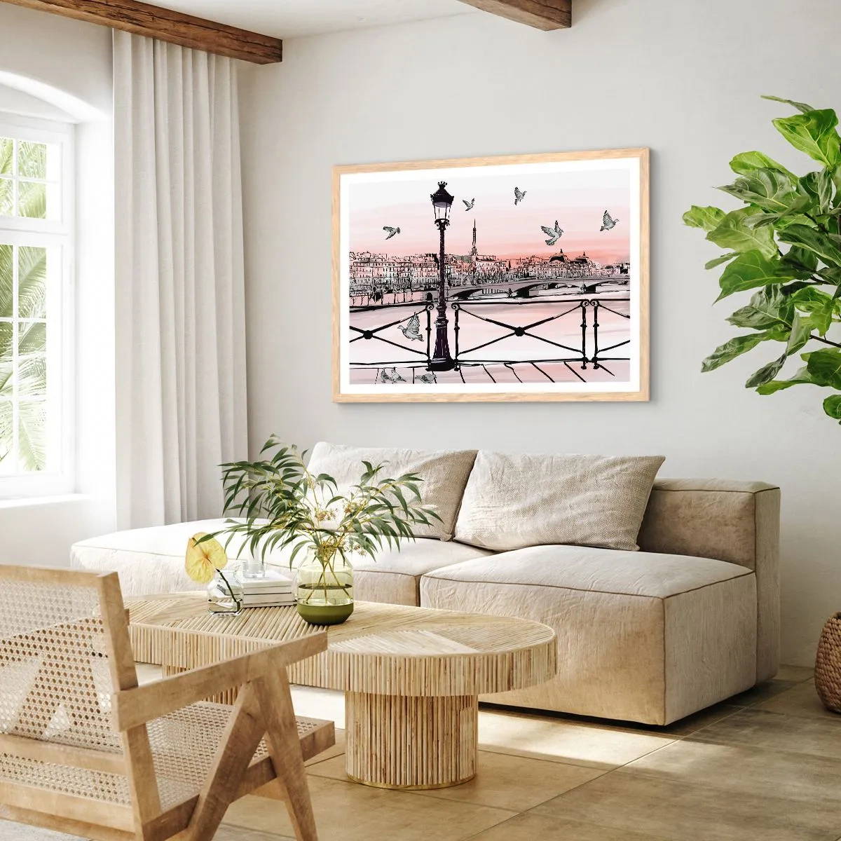 Pôster com moldura de carvalho claro - Sobre os telhados de Paris - 70x50 cm