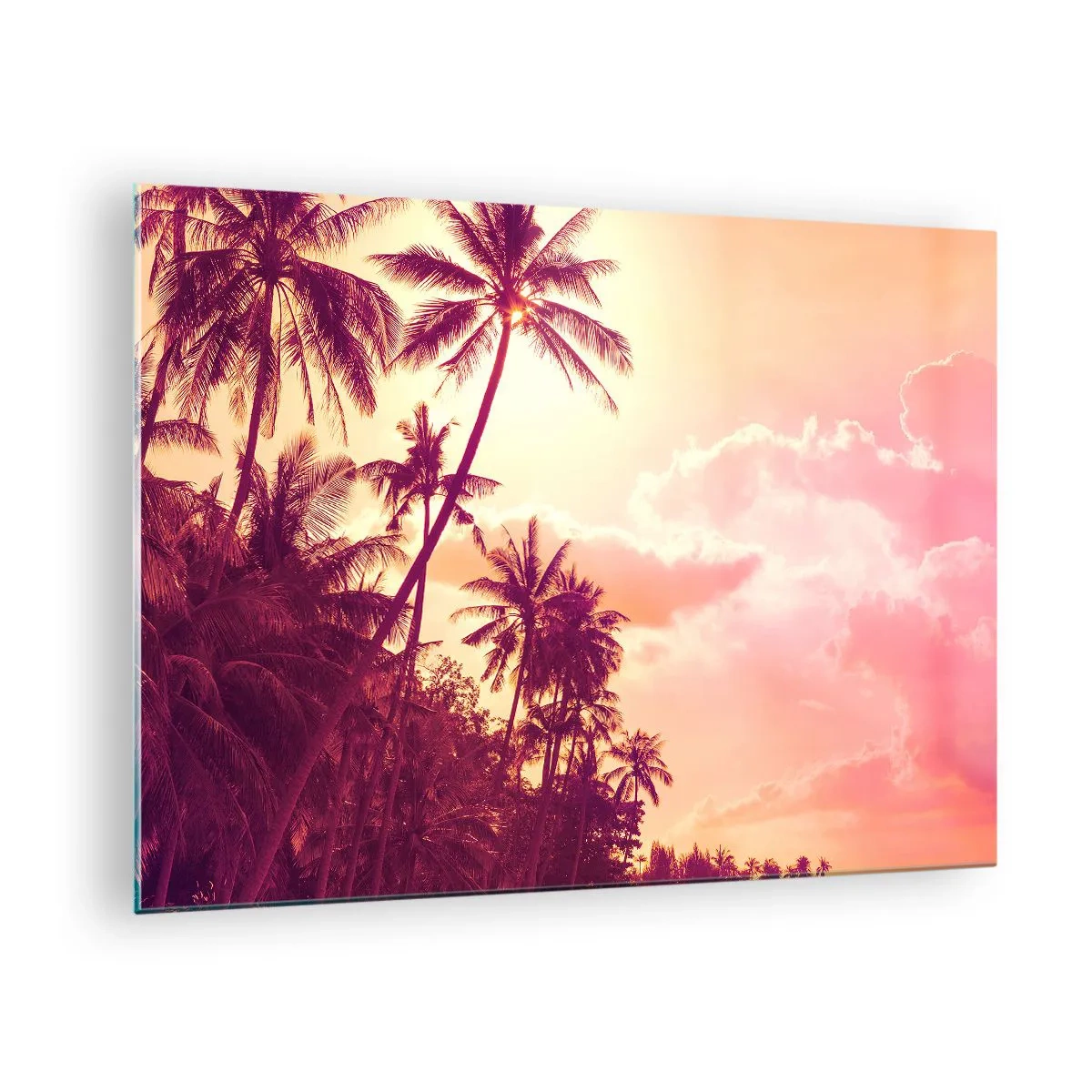 Quadro em vidro - Palmeiras tropicais à luz do pôr do sol contra um céu rosa - 70x50cm - Tem que escolher - Decoração de parede moderna para a sala de estar e quarto ARTTOR