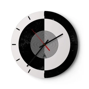 Relógio de parede - Relógio em vidro - Padrão abstrato preto e branco com círculos concêntricos - 30x30cm - Harmonia a preto e branco - Decoração de parede moderna para a sala de estar, cozinha e quarto ARTTOR