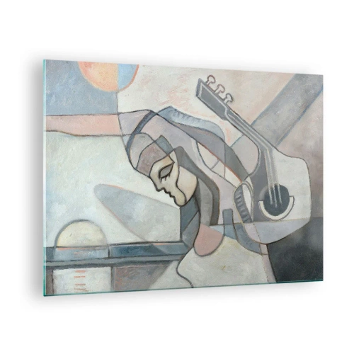 Quadro em vidro - Figura artística de uma mulher com uma guitarra em tons pastel - 70x50cm - No poder da música - Decoração de parede moderna para a sala de estar e quarto ARTTOR