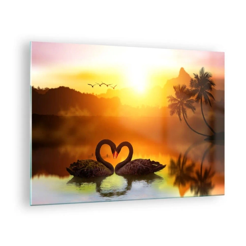 Quadro em vidro - Cisnes negros no lago ao pôr do sol - 70x50cm - Tudo para o casal - Decoração de parede moderna para a sala de estar e quarto ARTTOR