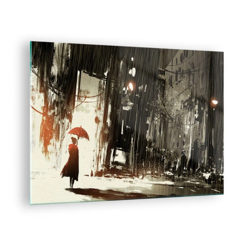 Quadro em vidro - Uma pessoa com um guarda-chuva vermelho na chuva contra um fundo escuro da cidade. - 70x50cm - A poesia do guarda-chuva vermelho - Decoração de parede moderna para a sala de estar e quarto ARTTOR
