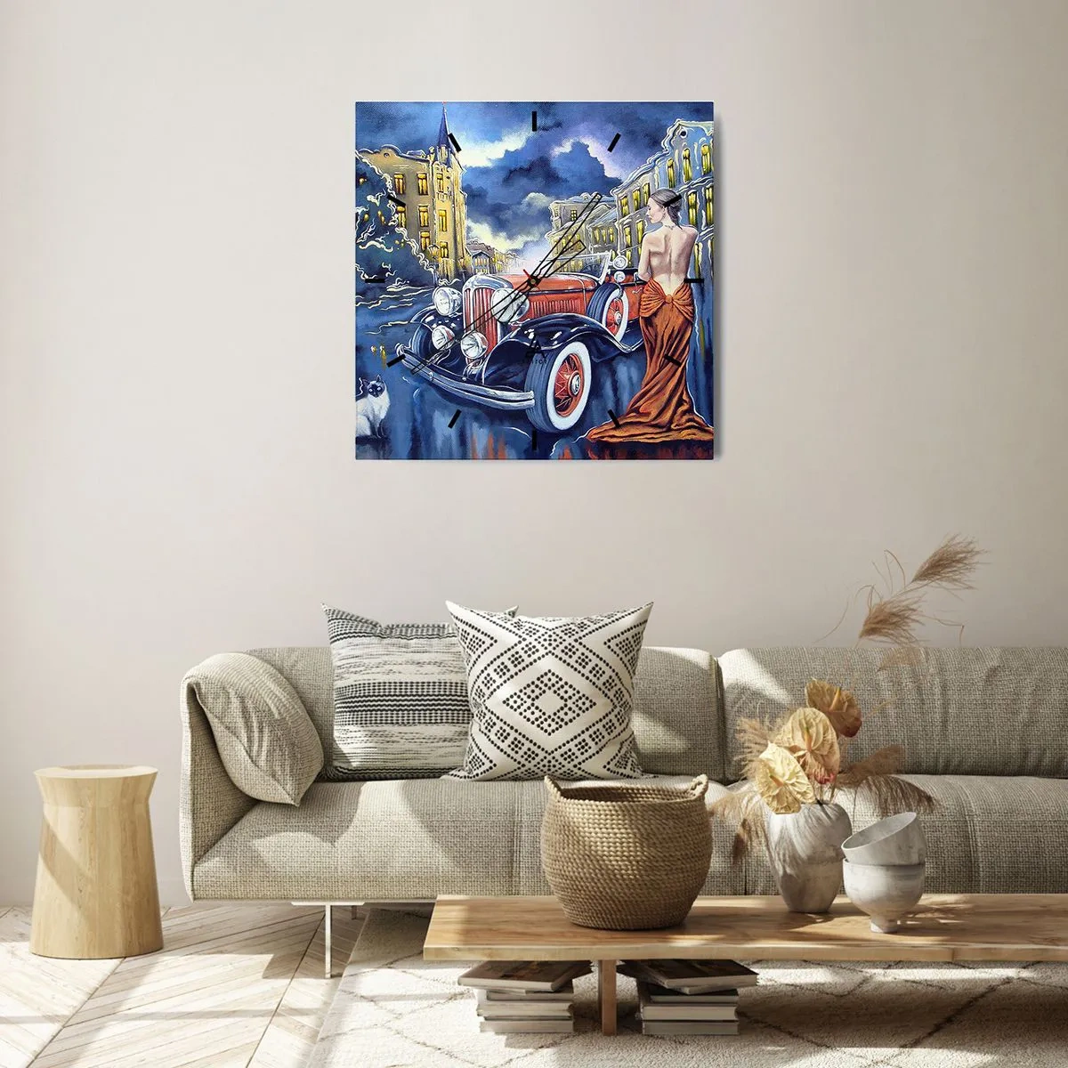 Relógio de parede - Relógio em vidro - Música instrumental em azul e coral - 30x30 cm