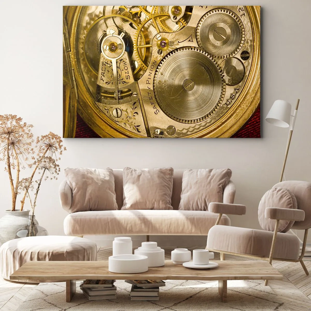 Quadro em tela - Mecanismo de relógio com engrenagens e detalhes visíveis - 70x50cm - Mova-se com o tempo - Decoração de parede moderna para a sala de estar e quarto ARTTOR