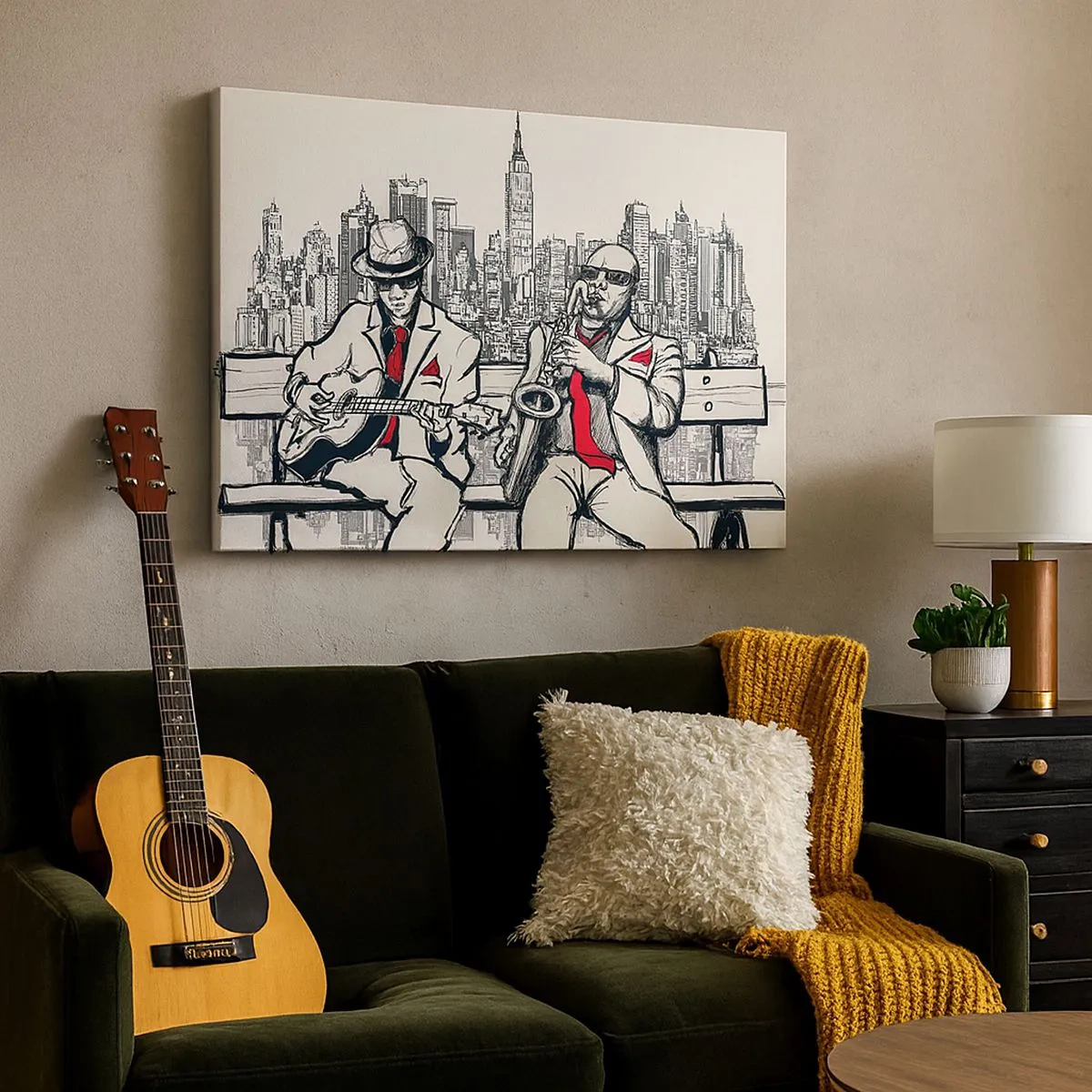 Quadro em tela - Uma dupla de jazz com saxofone e guitarra tendo como pano de fundo a cidade - 70x50cm - Improvisação nova-iorquina - Decoração de parede moderna para a sala de estar e quarto ARTTOR