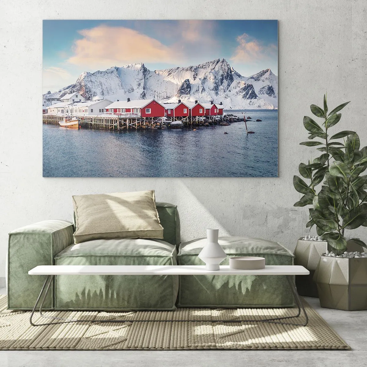 Quadro em vidro - Casas de pesca vermelhas no fiorde com montanhas ao fundo - 70x50cm - Refpugio do Norte - Decoração de parede moderna para a sala de estar e quarto ARTTOR