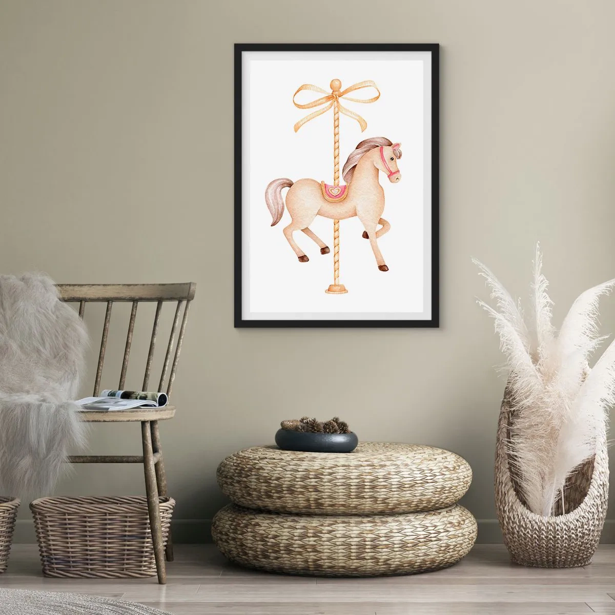 Pôster com moldura preta - Uma delicada ilustração de um cavalo de carrossel em tons pastéis - 50x70cm - Um trote gracioso - Decoração de parede moderna para a sala de estar e quarto ARTTOR