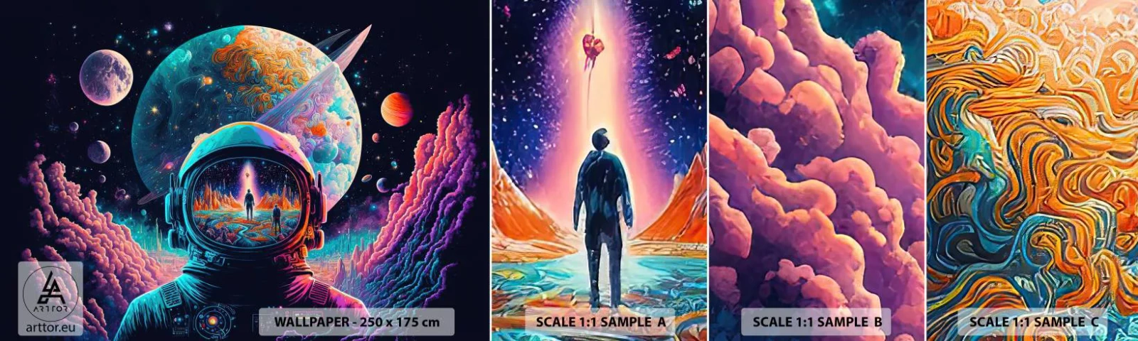 Amostra de papel de parede autocolante Deluxe Sticker - Os filósofos não sonharam com isso - Astronauta, Futurista, Cosmos - 100x30 cm