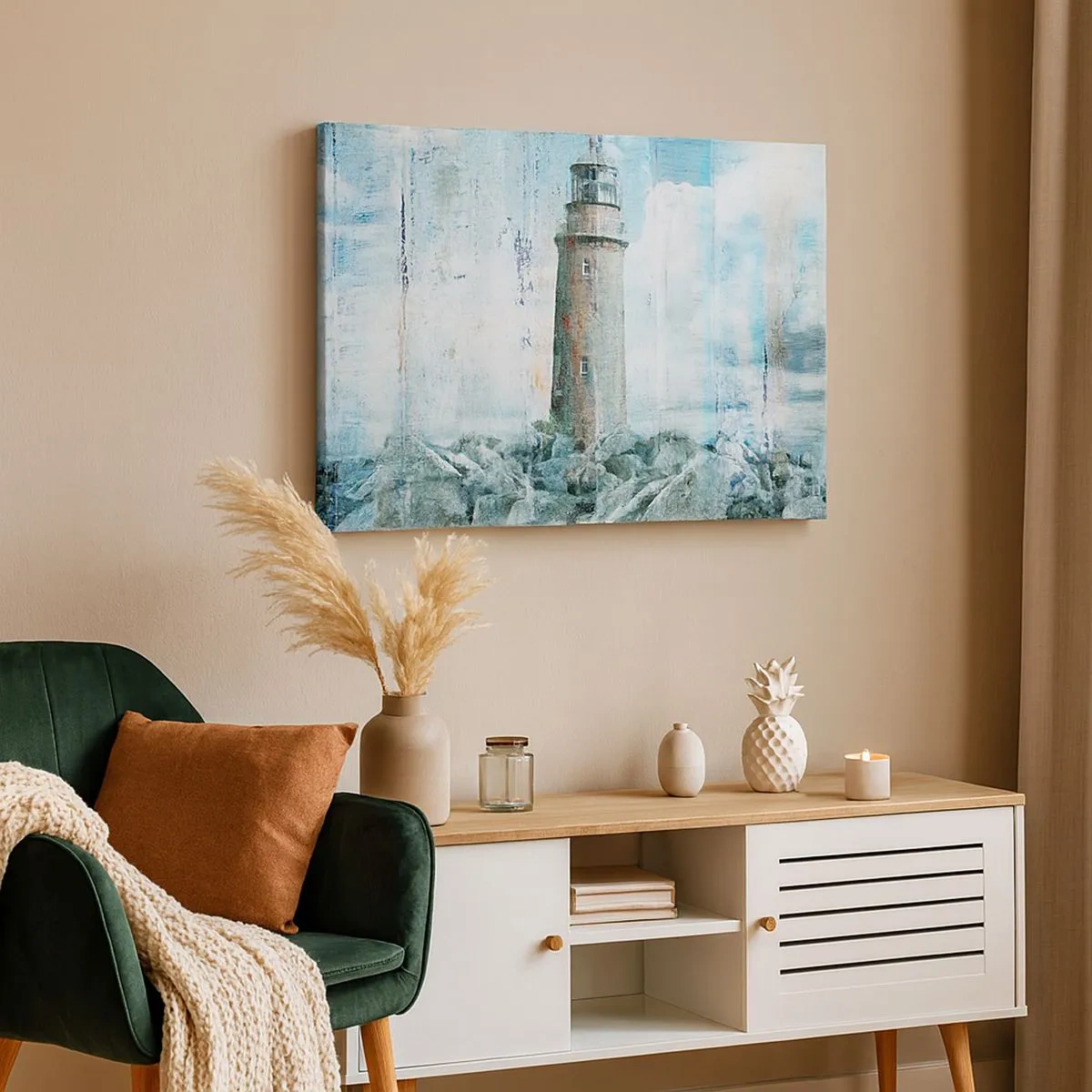 Quadro em tela - Um farol em uma costa rochosa em cores pastel - 70x50cm - Em madeira velha - Decoração de parede moderna para a sala de estar e quarto ARTTOR