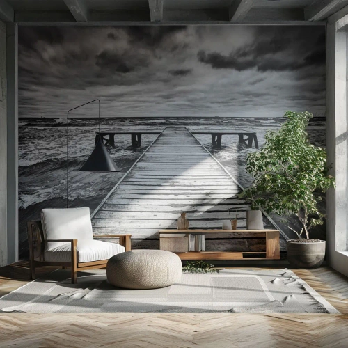 Papel de Parede Premium Canvas - Estou à espera do vento, que vai dispersar... - Paisagem, Ponte de madeira, Mar - 500x350 cm