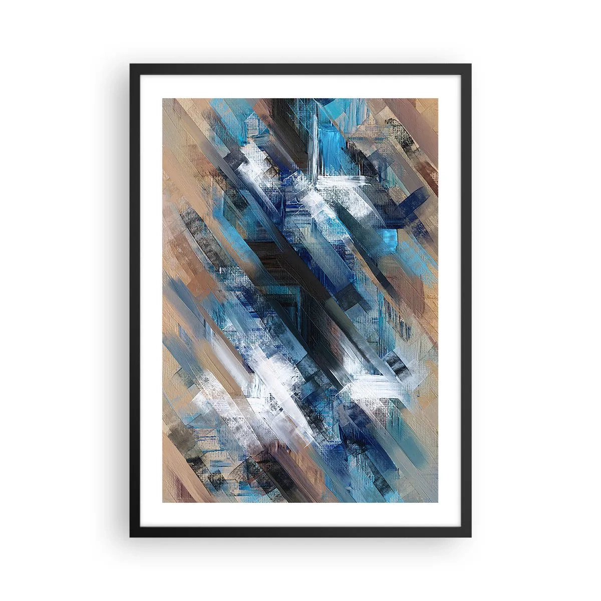 Pôster com moldura preta - Uma composição abstrata com linhas diagonais em tons de azul. - 50x70cm - Numa diagonal azul - Decoração de parede moderna para a sala de estar e quarto ARTTOR