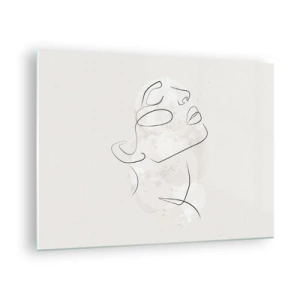 Quadro em vidro - Um rosto feminino minimalista desenhado com uma linha. - 70x50cm - Esboço de um sonho - Decoração de parede moderna para a sala de estar e quarto ARTTOR