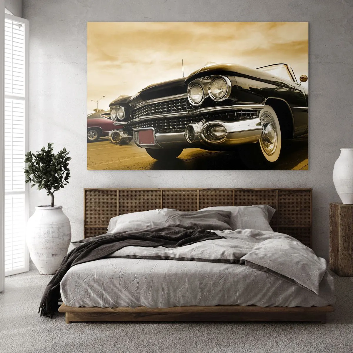 Quadro em vidro - A frente de um carro clássico em um estilo retrô elegante - 70x50cm - Os clássicos nunca desaparecem - Decoração de parede moderna para a sala de estar e quarto ARTTOR