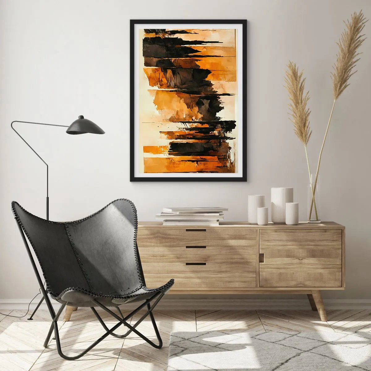 Pôster com moldura preta - Uma composição abstrata em tons quentes de marrom e preto. - 50x70cm - Harmonia de preto e dourado - Decoração de parede moderna para a sala de estar e quarto ARTTOR