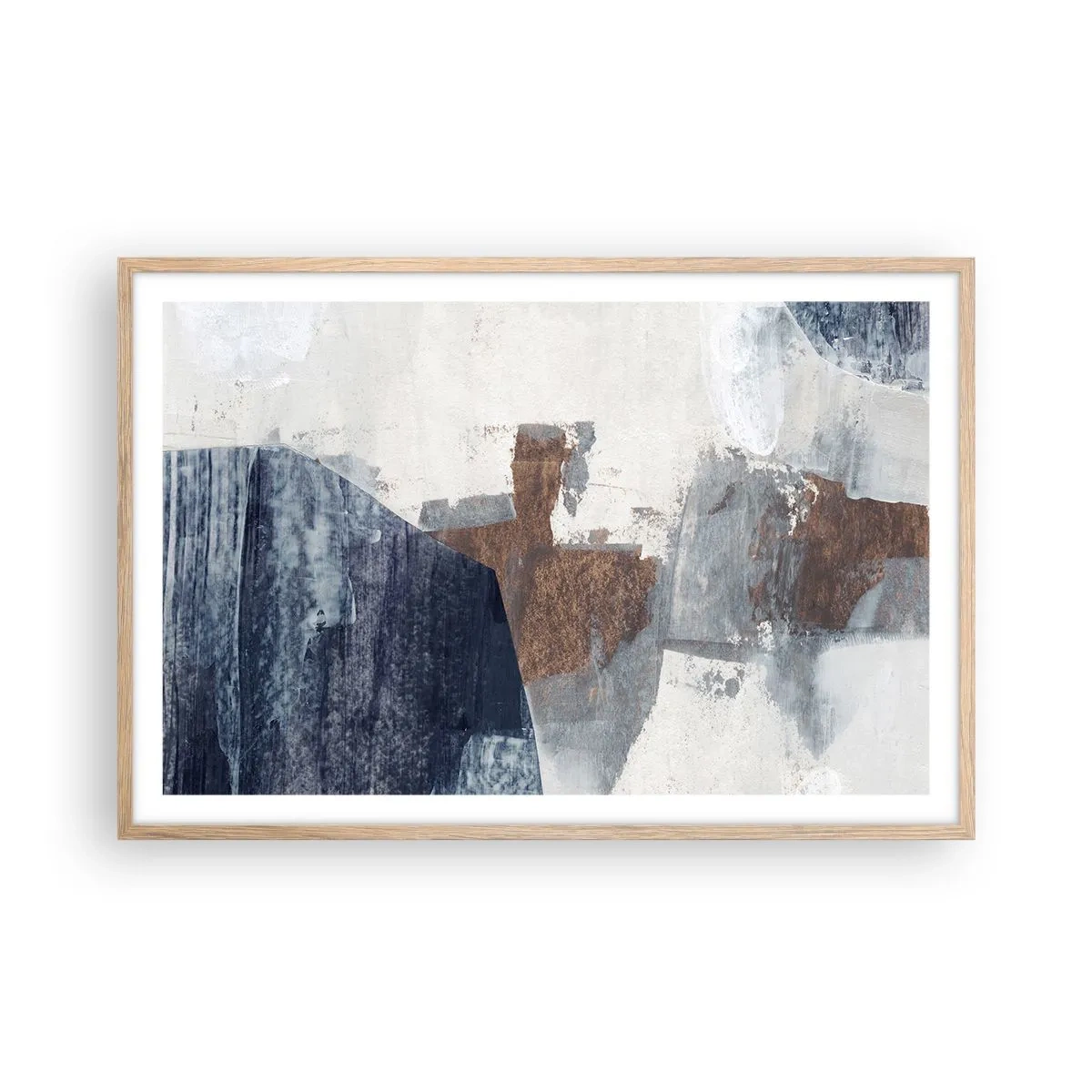 Pôster com moldura de carvalho claro - Formas azuis e marrons - 91x61 cm