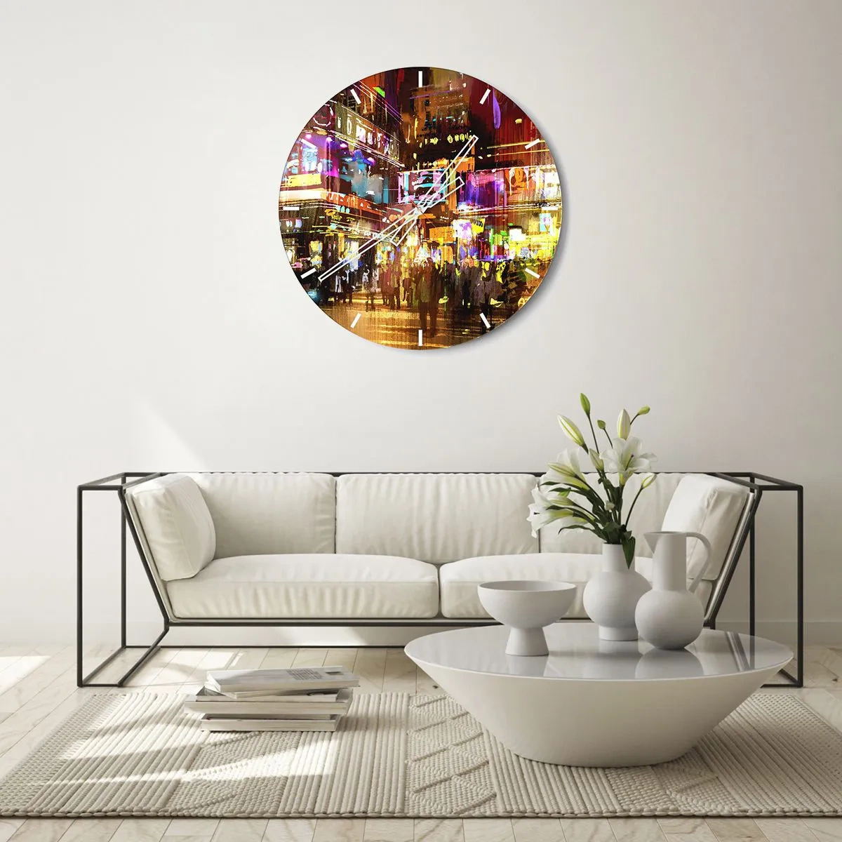 Relógio de parede - Relógio em vidro - Paisagem noturna da cidade cheia de luzes de neon - 30x30cm - Num mar de luz - Decoração de parede moderna para a sala de estar, cozinha e quarto ARTTOR