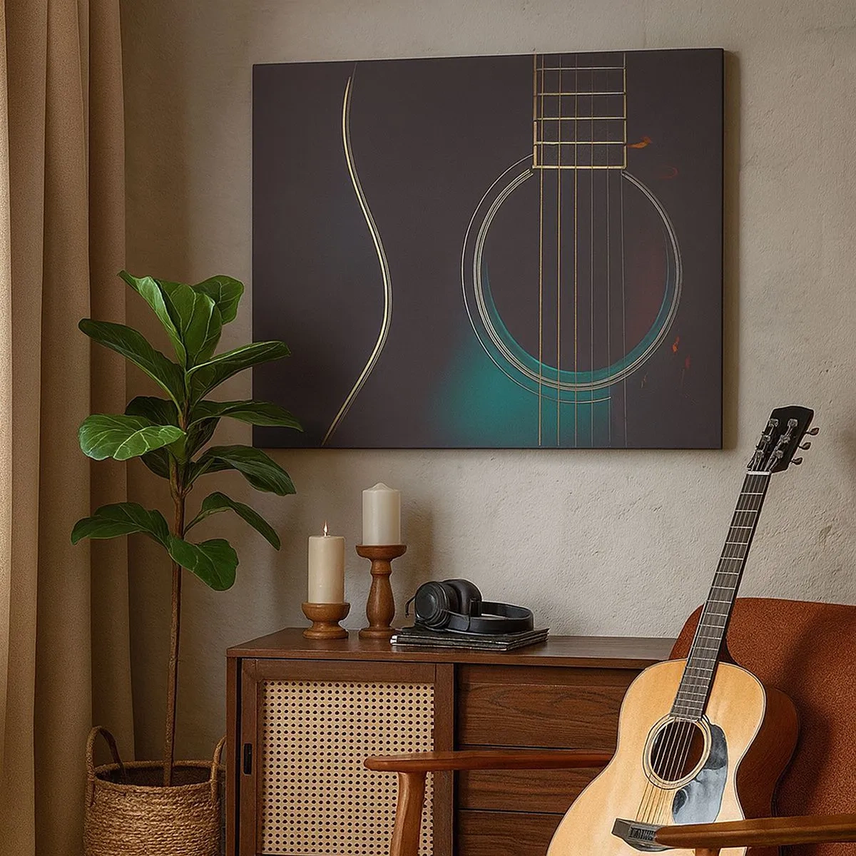 Quadro em tela - Violão acústico em luz escura e elegante - 70x50cm - Um momento antes de soar - Decoração de parede moderna para a sala de estar e quarto ARTTOR