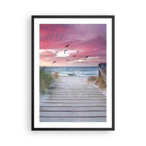 Pôster com moldura preta - Caminho de madeira na praia com vista para o mar ao pôr do sol - 50x70cm - Impressão do Báltico - Decoração de parede moderna para a sala de estar e quarto ARTTOR