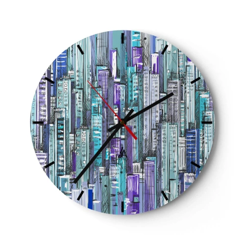 Relógio de parede - Relógio em vidro - Arranha-céus gráficos em tons de azul e roxo - 30x30cm - Azul do céu - Decoração de parede moderna para a sala de estar, cozinha e quarto ARTTOR