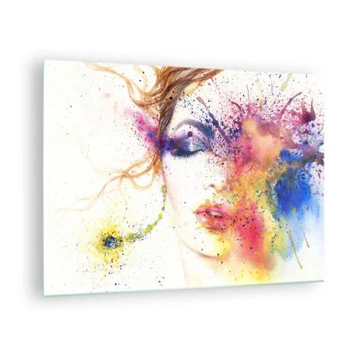 Quadro em vidro - Retrato abstrato de uma mulher com respingos de tinta arco-íris - 70x50cm - Vertigem arco-íris - Decoração de parede moderna para a sala de estar e quarto ARTTOR