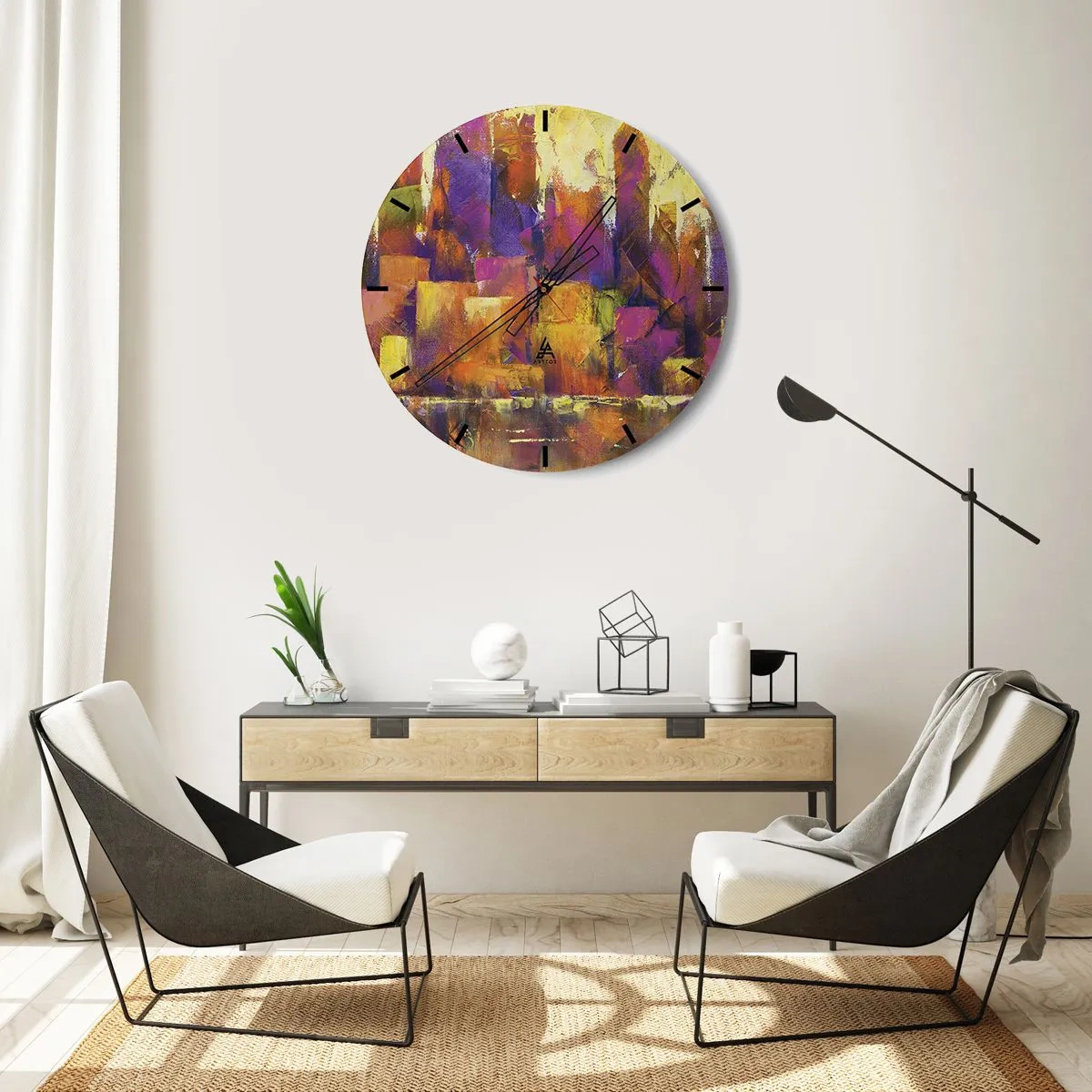 Relógio de parede - Relógio em vidro - Uma composição abstrata em tons de amarelo e roxo. - 30x30cm - Composição metropolitana - Decoração de parede moderna para a sala de estar, cozinha e quarto ARTTOR