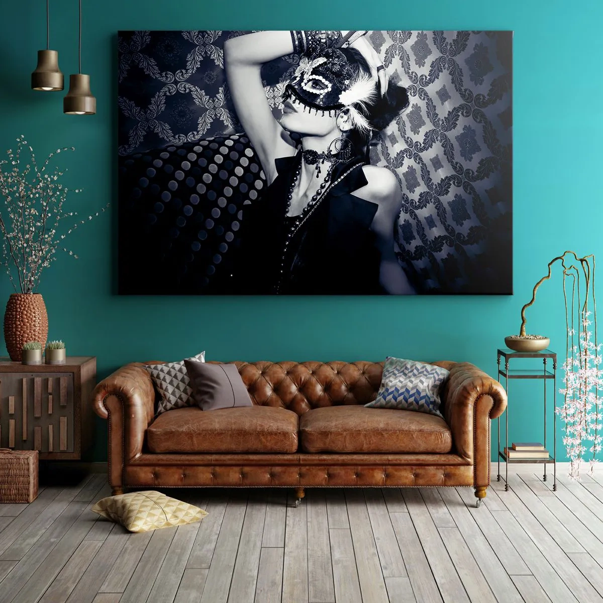 Quadro em tela - Uma mulher com uma máscara veneziana contra um fundo de padrões ornamentados. - 70x50cm - Decorações, ornamentos, desenhos... - Decoração de parede moderna para a sala de estar e quarto ARTTOR