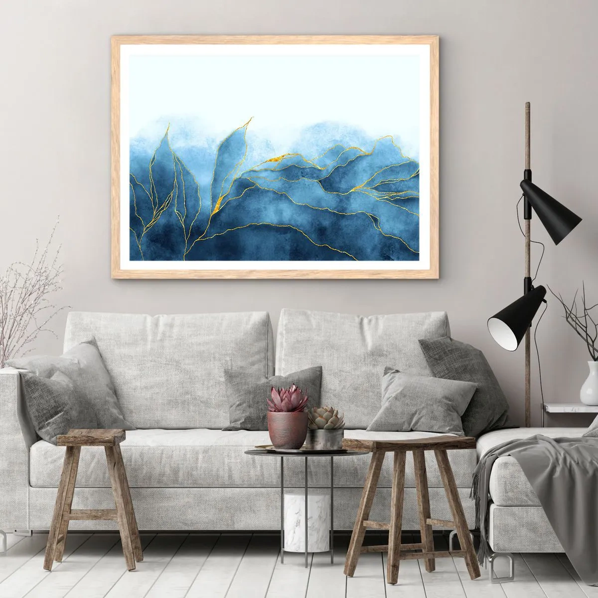 Pôster com moldura de carvalho claro - Azul dourado - 70x50 cm
