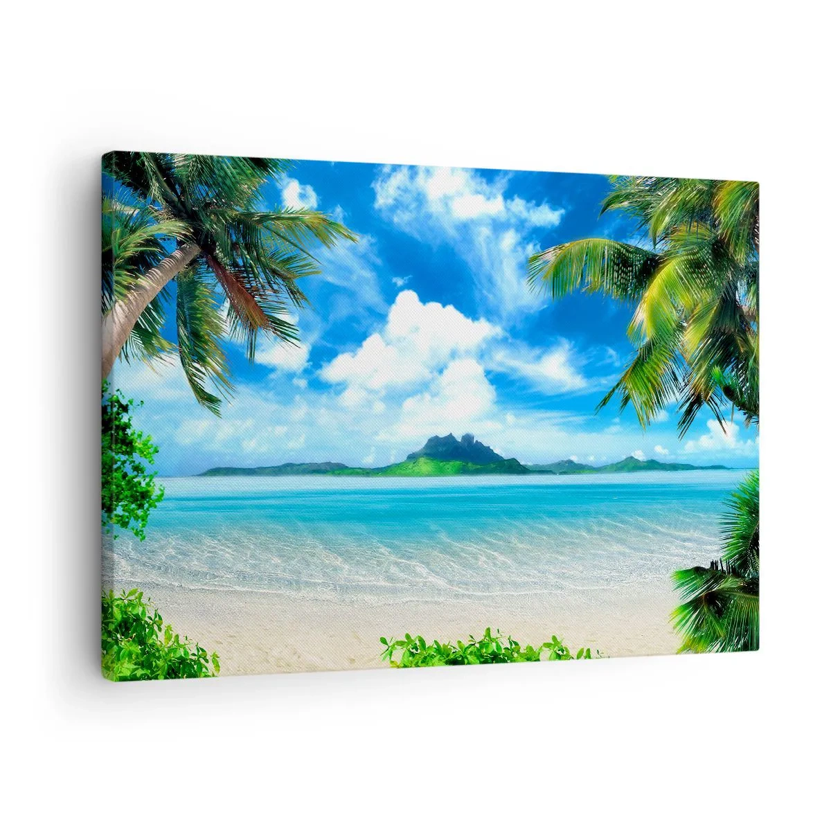 Quadro em tela - Praia tropical com palmeiras e vista para a ilha - 70x50cm - O azul dos trópicos - Decoração de parede moderna para a sala de estar e quarto ARTTOR