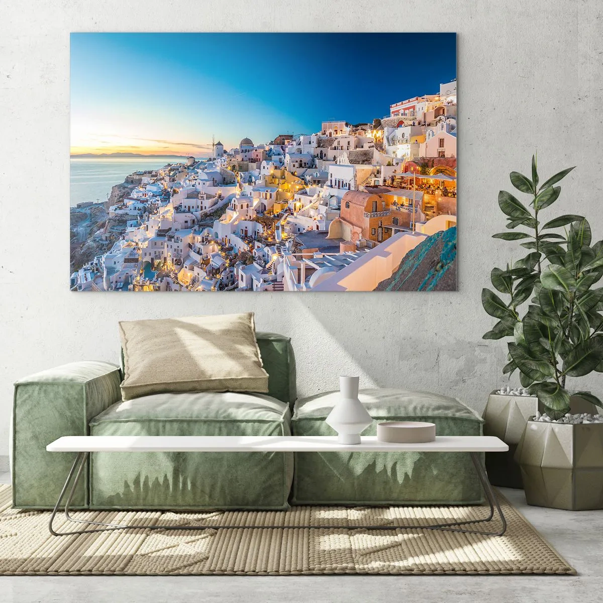 Quadro em vidro - Panorama de Santorini ao pôr do sol - 70x50cm - A essência grega - Decoração de parede moderna para a sala de estar e quarto ARTTOR