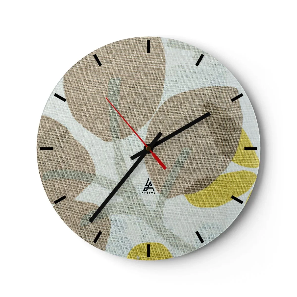 Relógio de parede - Relógio em vidro - Folhas em tons pastéis e detalhes em amarelo sobre fundo texturizado de linho - 30x30cm - Composição a pleno sol - Decoração de parede moderna para a sala de estar, cozinha e quarto ARTTOR