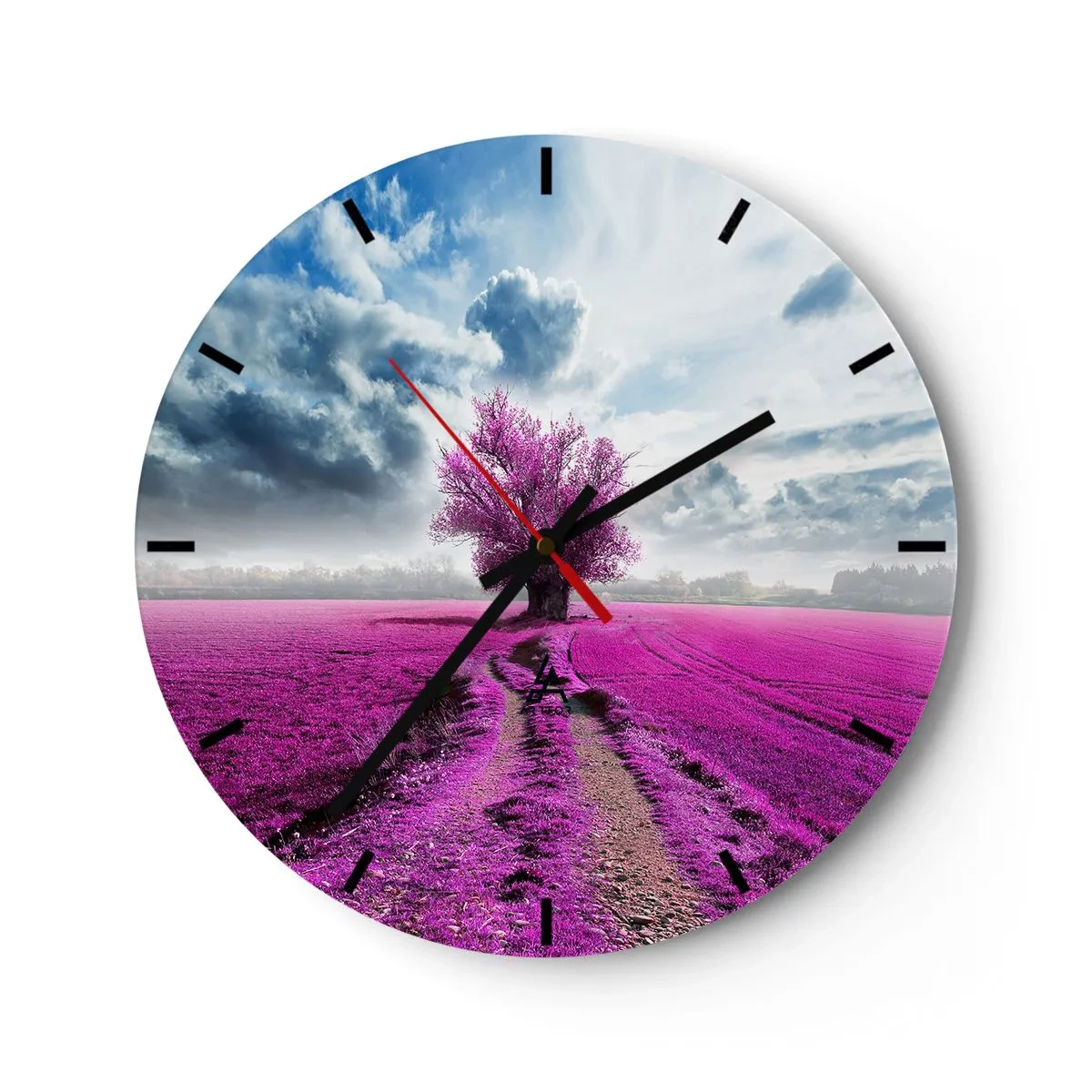 Relógio de parede - Relógio em vidro - Um campo roxo com uma árvore solitária contra o pano de fundo das nuvens - 30x30cm - Charmosa charneca - Decoração de parede moderna para a sala de estar, cozinha e quarto ARTTOR