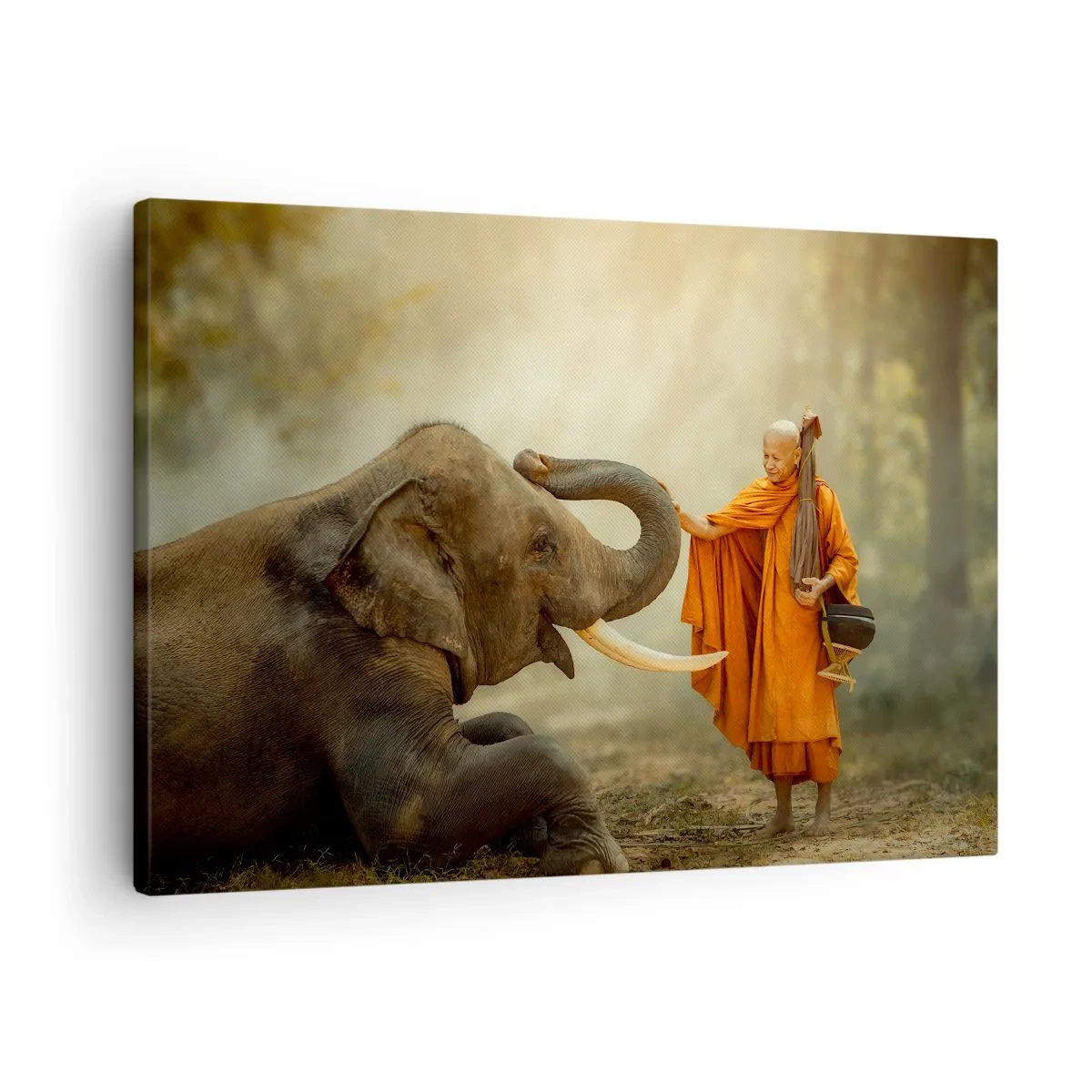 Quadro em tela - Um monge e um elefante em harmonia com o cenário da natureza - 70x50cm - Encontro na viagem - Decoração de parede moderna para a sala de estar e quarto ARTTOR
