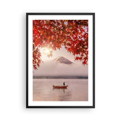 Pôster com moldura preta - Monte Fuji com um barco em um lago e folhas de outono - 50x70cm - No clima japonês - Decoração de parede moderna para a sala de estar e quarto ARTTOR