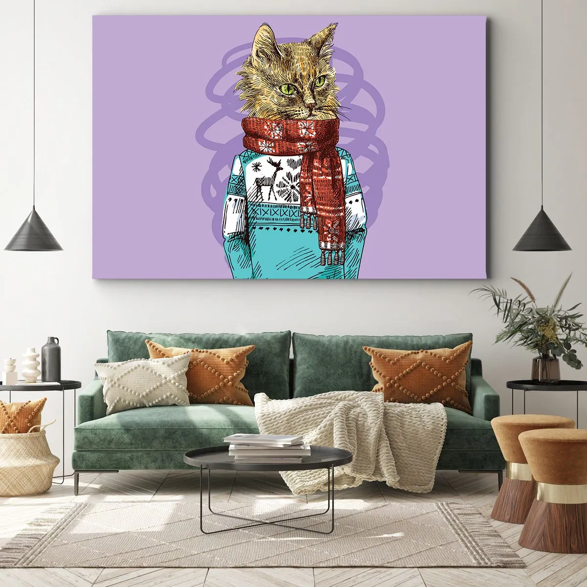 Quadro em tela - Um gato com um suéter e cachecol em um fundo roxo - 70x50cm - Gato não só de botas - Decoração de parede moderna para a sala de estar e quarto ARTTOR