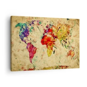 Quadro em tela - Uma interpretação colorida e artística do mapa-múndi - 70x50cm - A vida como um papel de mapa colorido - Decoração de parede moderna para a sala de estar e quarto ARTTOR