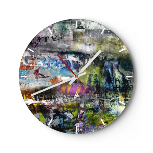 Relógio de parede - Relógio em vidro - Colagem abstrata em várias cores com inscrições - 30x30cm - Colagem de memórias - Decoração de parede moderna para a sala de estar, cozinha e quarto ARTTOR