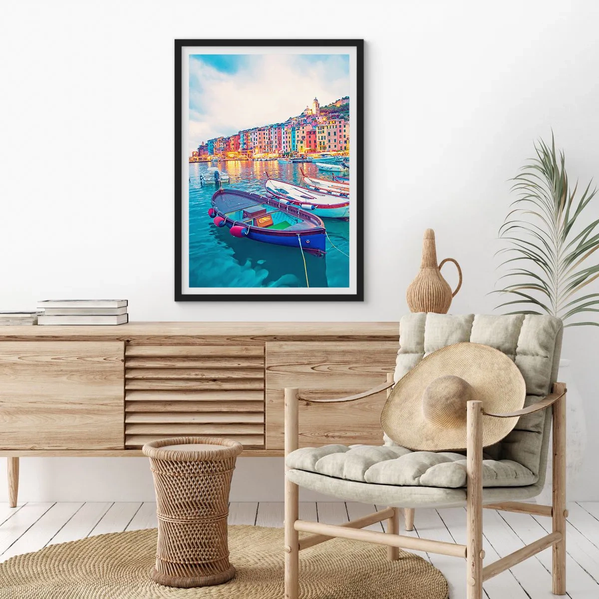 Pôster com moldura preta - Uma noite colorida no porto - 40x50 cm