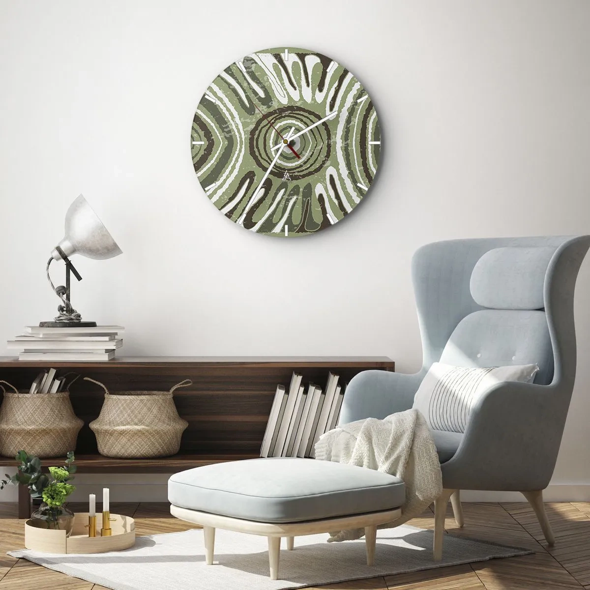 Relógio de parede - Relógio em vidro - Composição simétrica verde e marrom com padrões concêntricos - 30x30cm - Uma explosão de emoções - Decoração de parede moderna para a sala de estar, cozinha e quarto ARTTOR