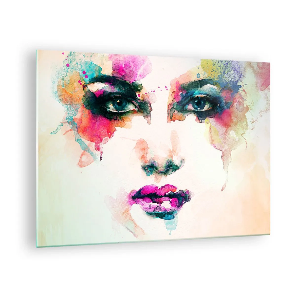 Quadro em vidro - Retrato de uma mulher em aquarela com cores e detalhes - 70x50cm - Retrato pintado com o arco-íris - Decoração de parede moderna para a sala de estar e quarto ARTTOR