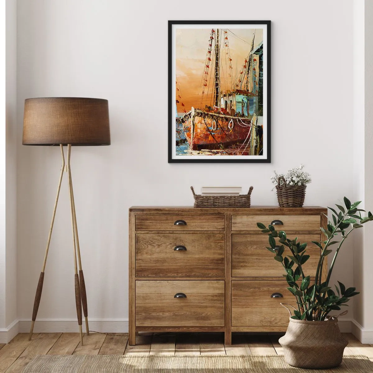 Pôster com moldura preta - Um veleiro com o pôr do sol como pano de fundo - 50x70cm - Um regresso tranquilo - Decoração de parede moderna para a sala de estar e quarto ARTTOR