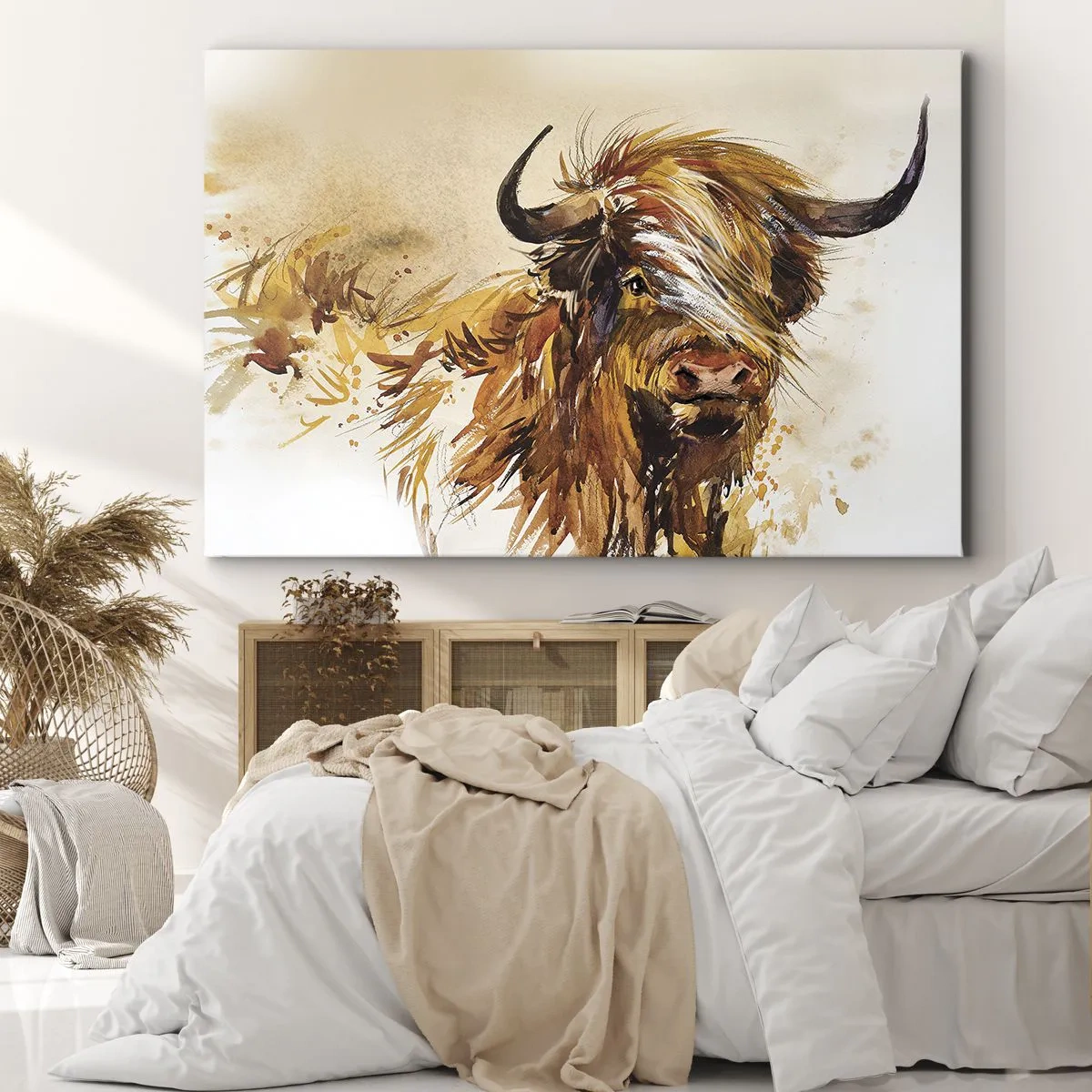 Quadro em tela - Retrato de um touro em estilo artístico de aquarela - 70x50cm - Orgulho do caçador - Decoração de parede moderna para a sala de estar e quarto ARTTOR