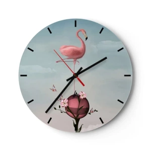 Relógio de parede - Relógio em vidro - Um flamingo rosa em pé sobre uma bola decorada com flores. - 30x30cm - Alegoria do basquetebol - Decoração de parede moderna para a sala de estar, cozinha e quarto ARTTOR