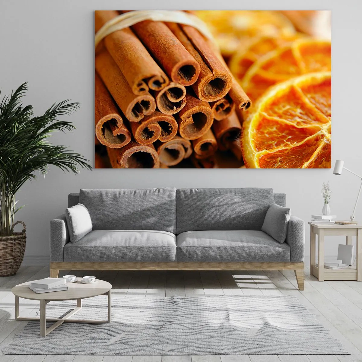 Quadro em vidro - Close-up de paus de canela e fatias de laranja secas - 70x50cm - Sente o cheiro? - Decoração de parede moderna para a sala de estar e quarto ARTTOR