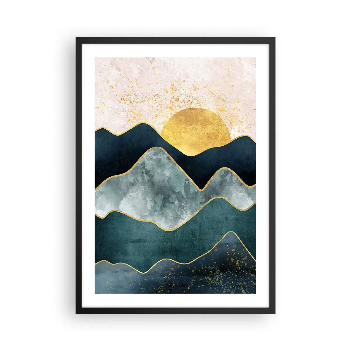 Pôster com moldura preta - Montanhas abstratas e sol dourado ao fundo - 50x70cm - Além das sete montanhas - Decoração de parede moderna para a sala de estar e quarto ARTTOR