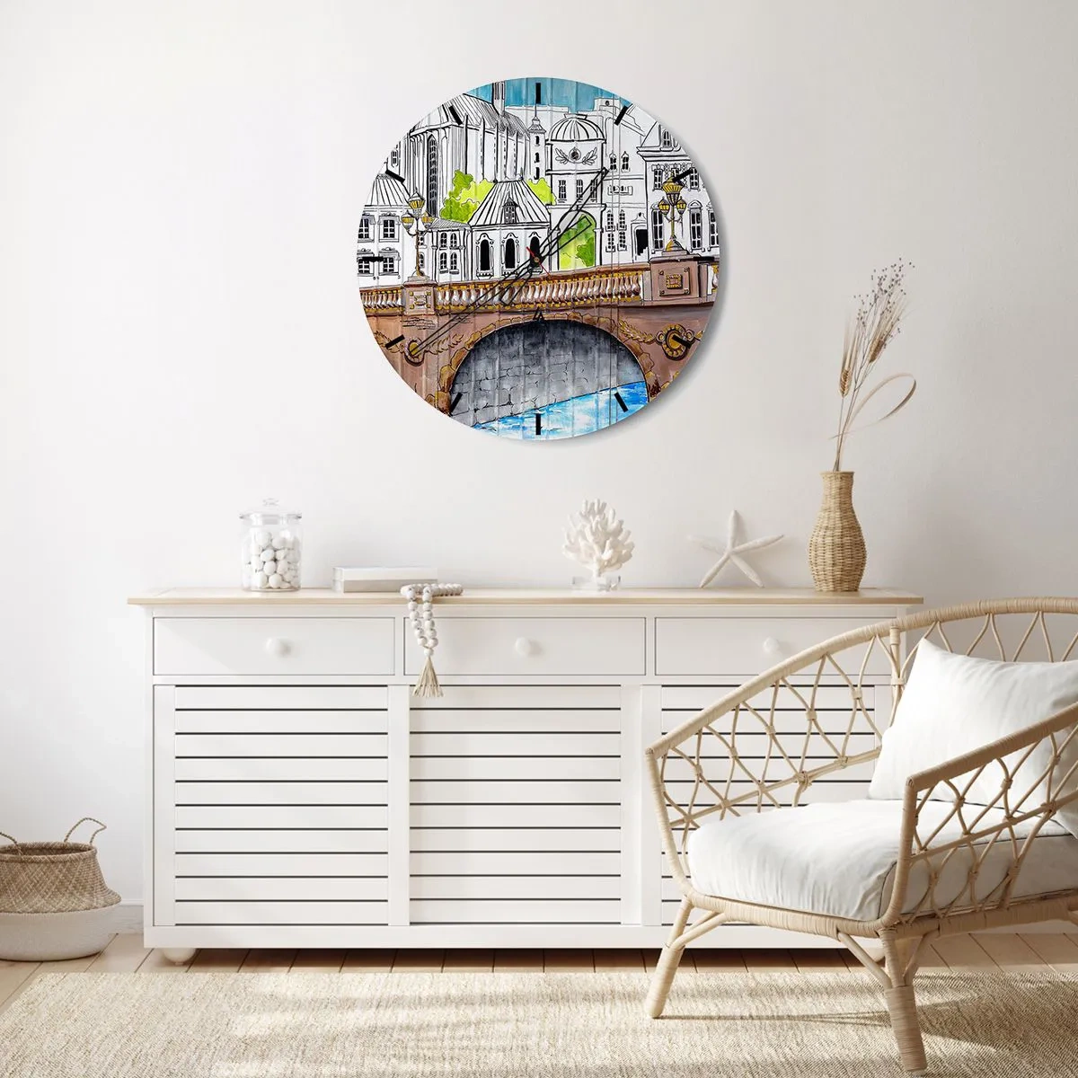 Relógio de parede - Relógio em vidro - Ilustração de arquitetura urbana com uma ponte - 30x30cm - Cidade pintada - Decoração de parede moderna para a sala de estar, cozinha e quarto ARTTOR